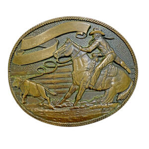 Vtg ADM Solid Brass Belt Buckle Western Cowboy Rodeo Cow Lasso Chunky Rockabilly